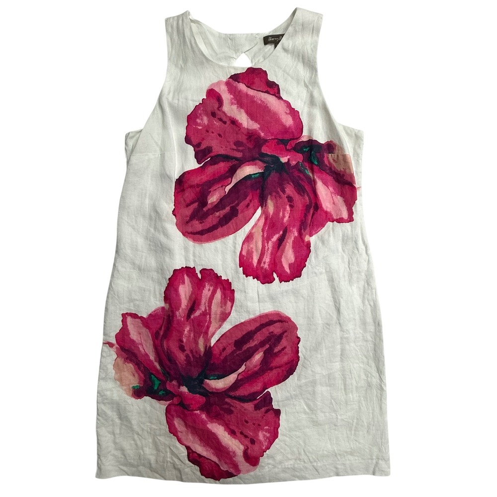 Tommy Bahama Linen Shift Dress Medium White Pink Floral Sleeveless Resort